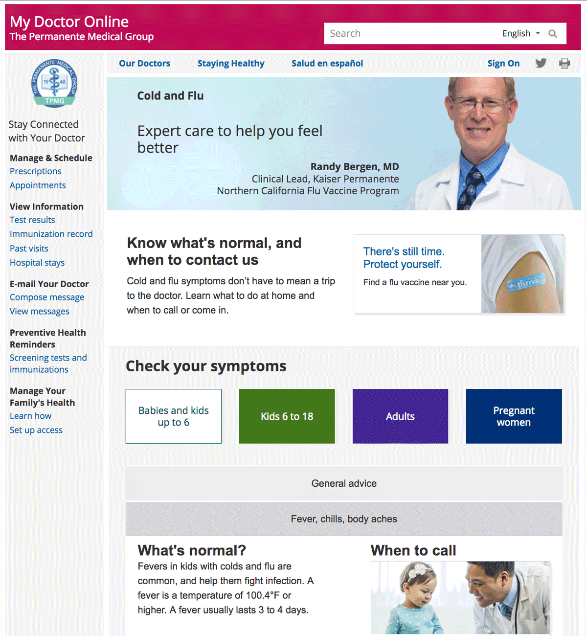 Screenshot of Cold and Flu section of My Doctor Online